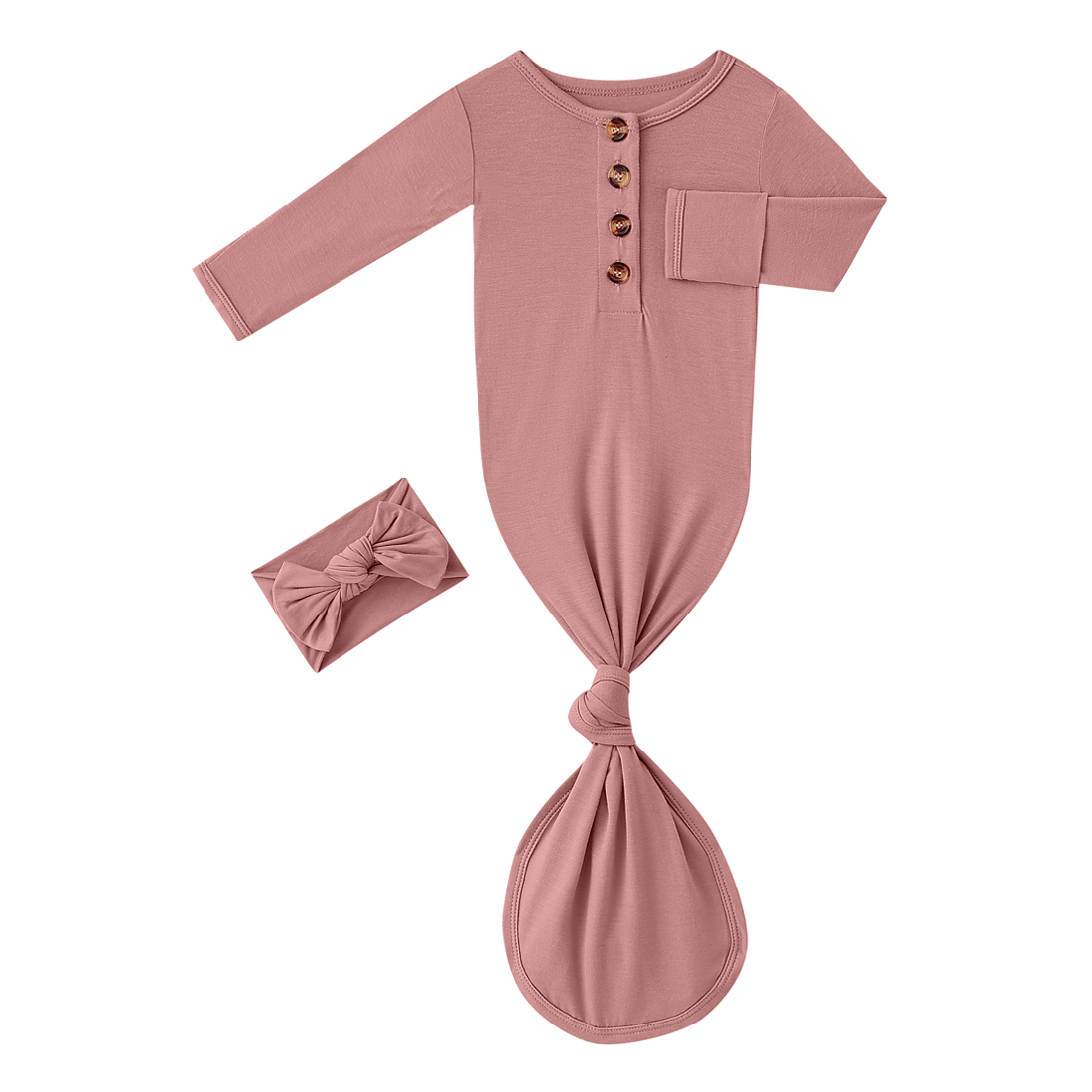 Bamboo Newborn Baby Knotted Gown and Headband Set Mauve