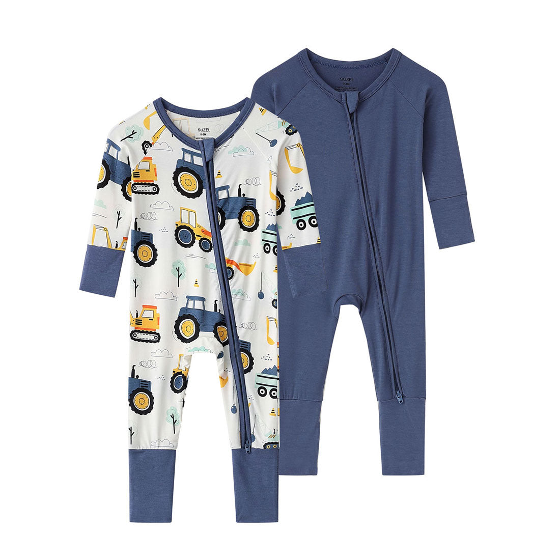 2-Pack Zip Rompers Excavator & Navy