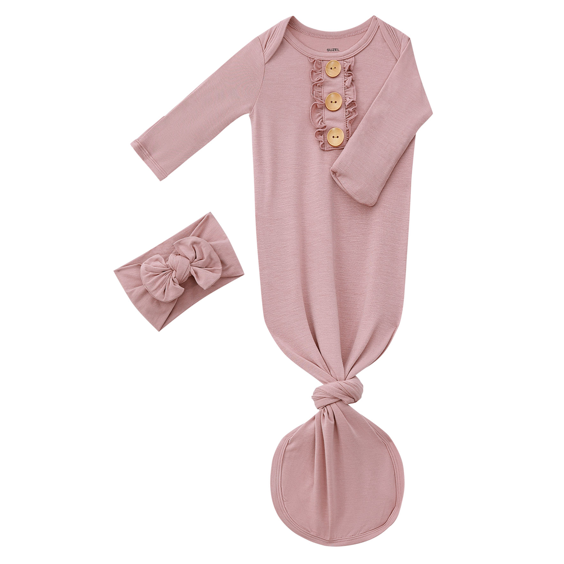 Bamboo Newborn Baby Knotted Gown and Headband Set Sleep Gown Mauve