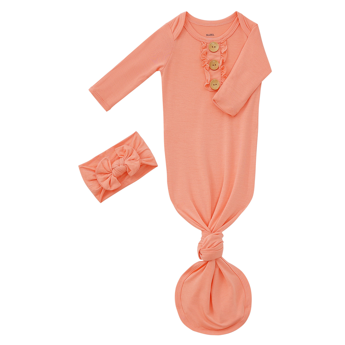 Bamboo Newborn Baby Knotted Gown and Headband Set Coral Pink