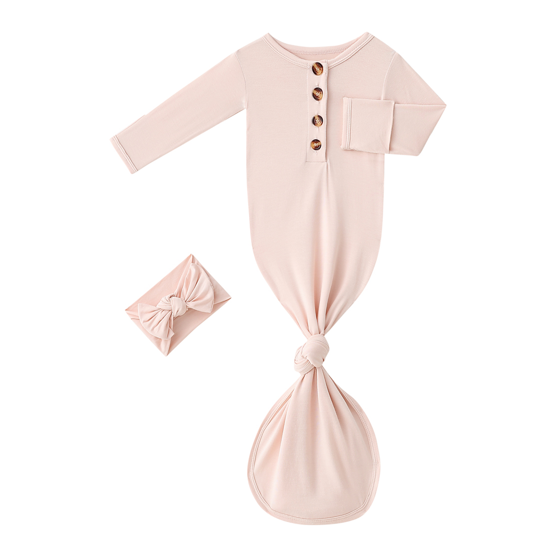 Bamboo Newborn Baby Knotted Gown and Headband Light Pink