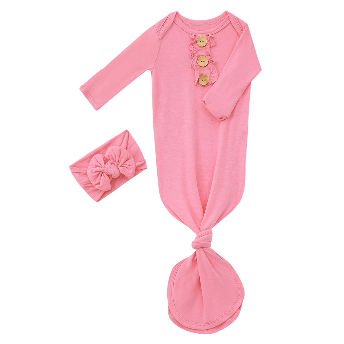 Bamboo Newborn Baby Knotted Gown and Headband Set Hot Pink