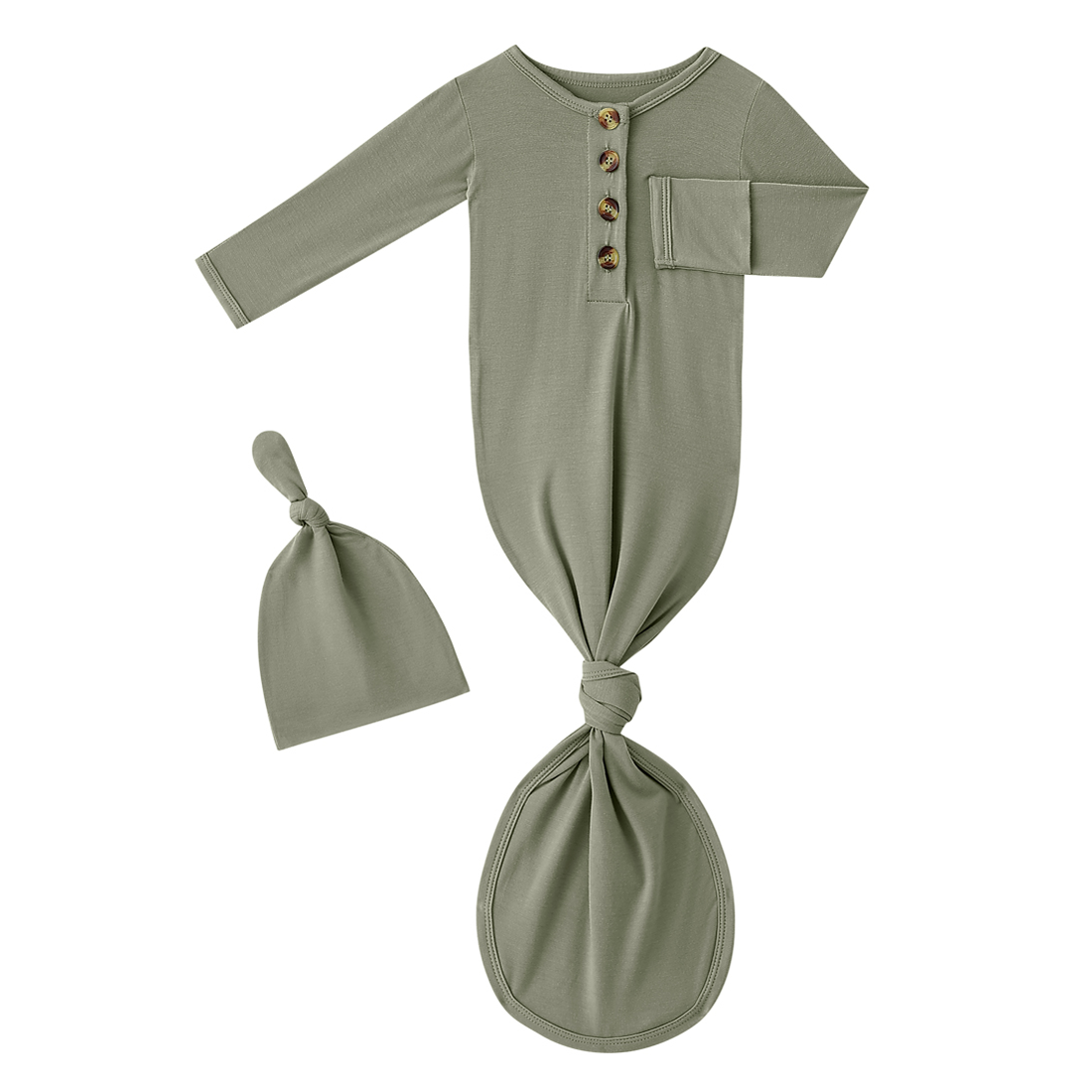 Bamboo Newborn Baby Knotted Gown and Hat Set Olive Green