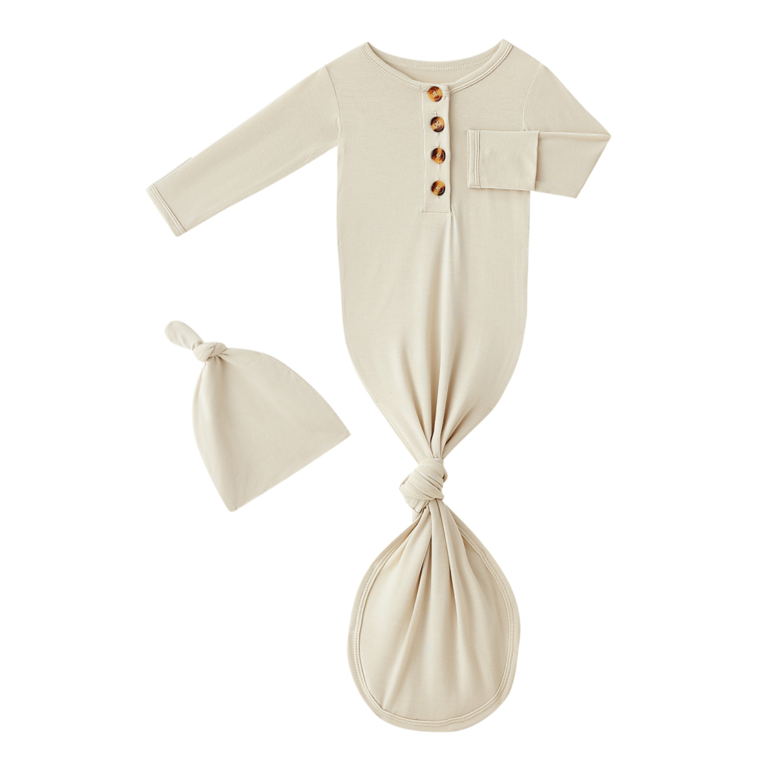 Bamboo Newborn Baby Knotted Gown and Hat Set Beige