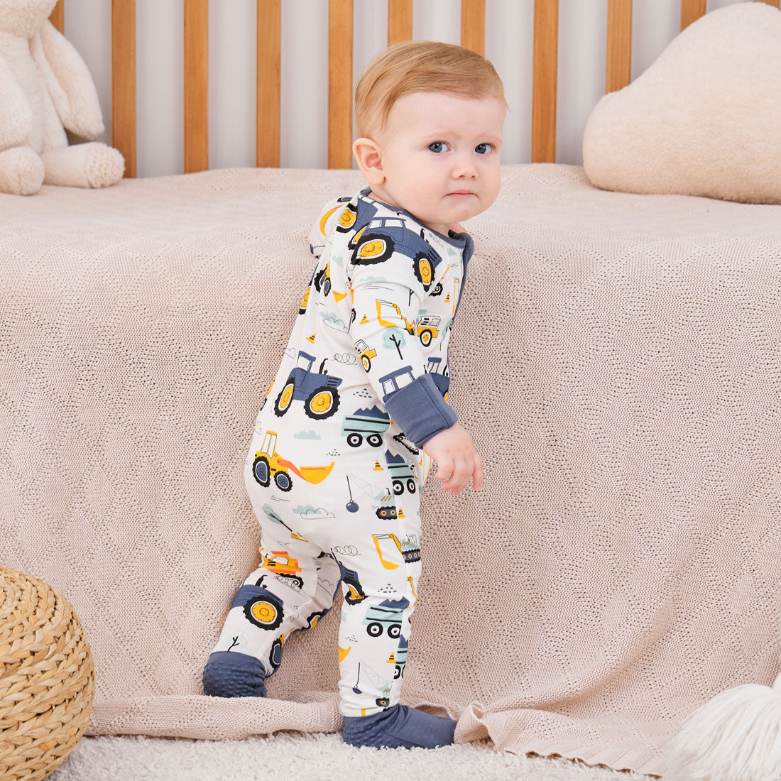 2-Pack Zip Rompers Excavator & Navy