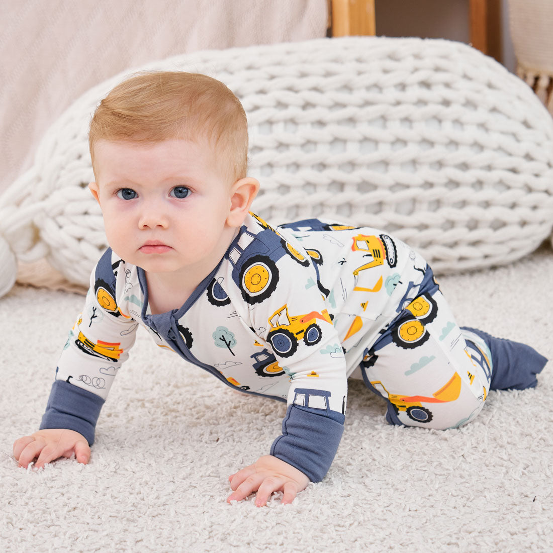 2-Pack Zip Rompers Excavator & Navy