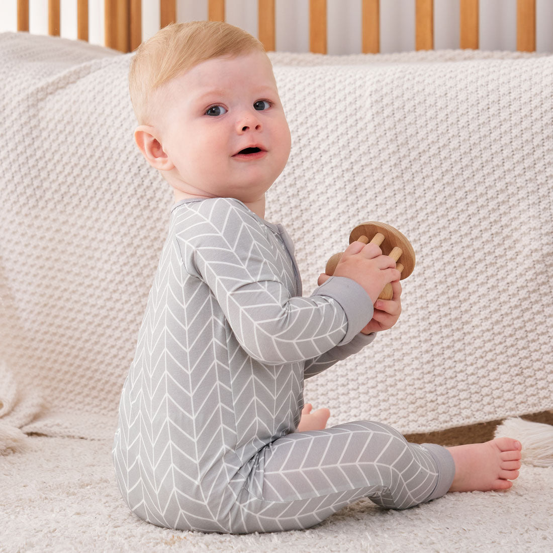 Zip Romper Pajamas Grey Herringbone