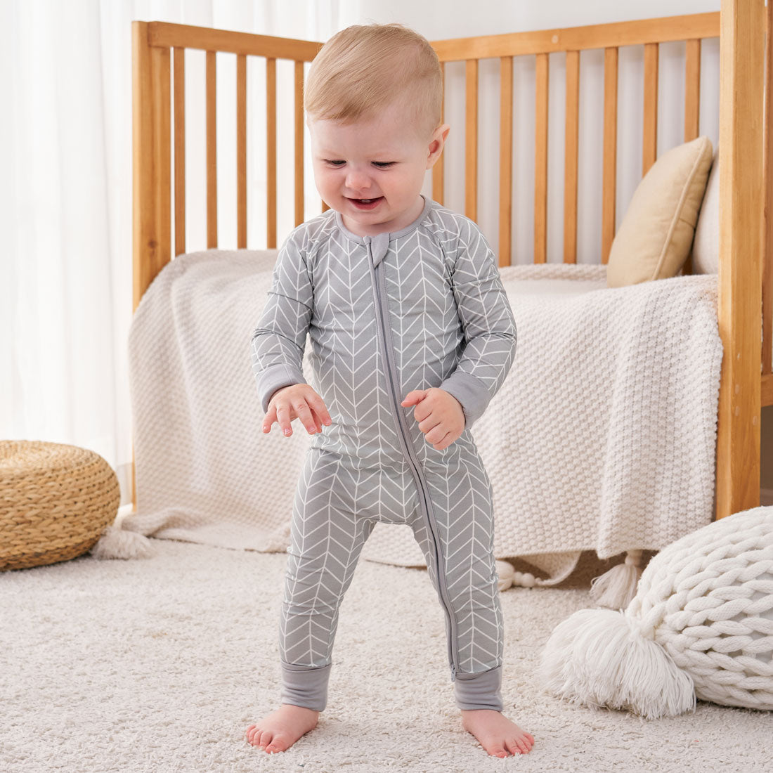 Zip Romper Pajamas Grey Herringbone