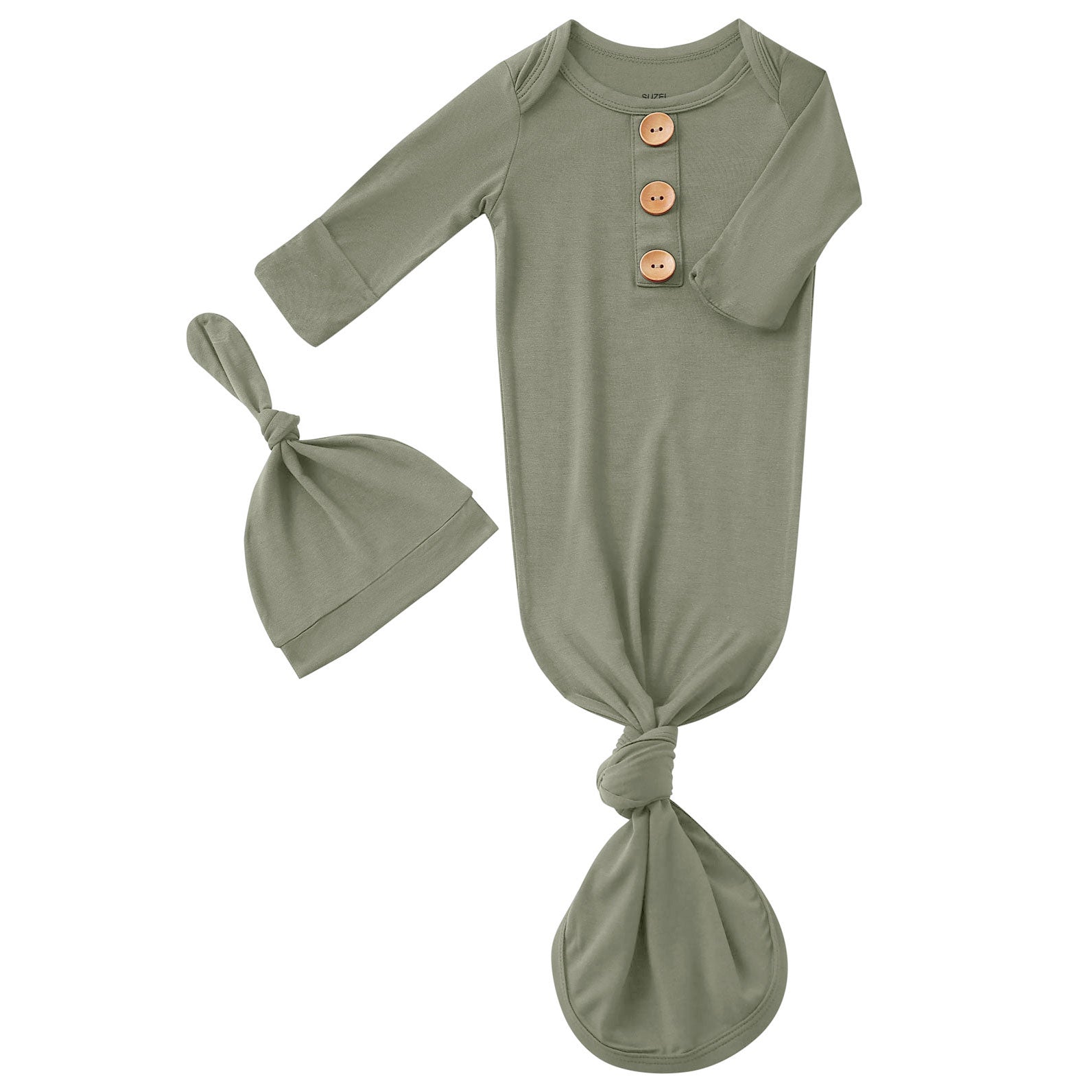 Bamboo Newborn Baby Knotted Gown and Hat Set Olive Green