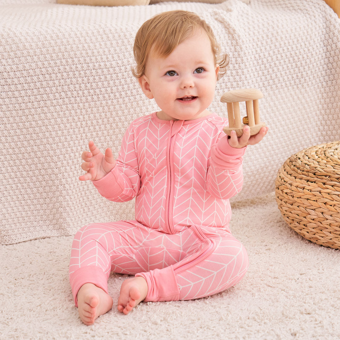 Zip Romper Pajamas Pink Herringbone