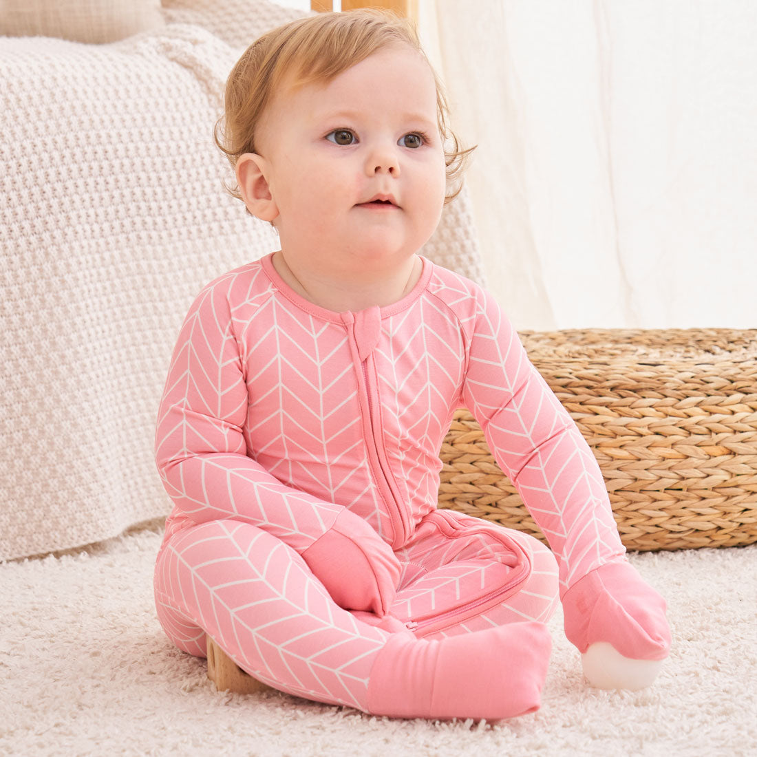 Zip Romper Pajamas Pink Herringbone