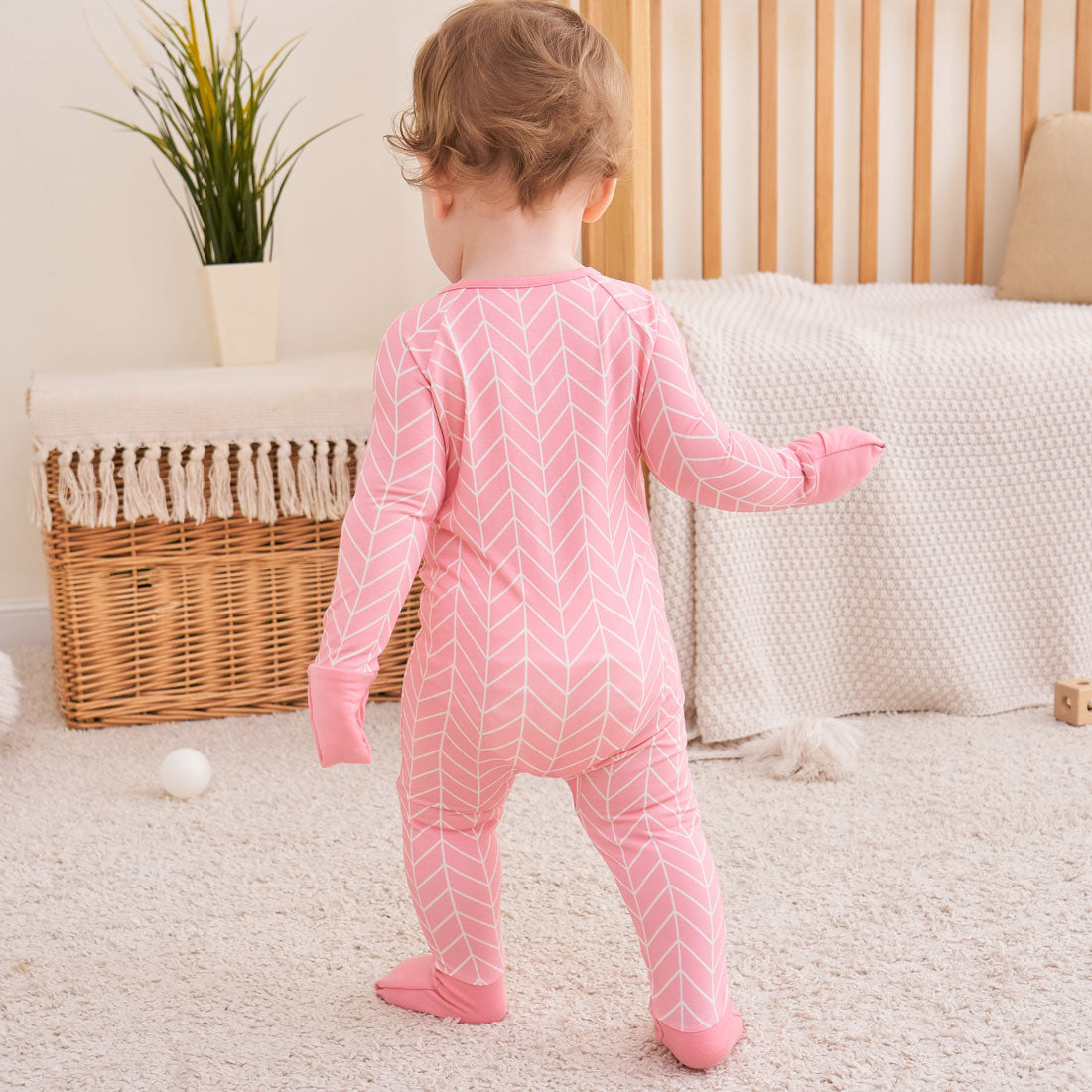 Zip Romper Pajamas Pink Herringbone