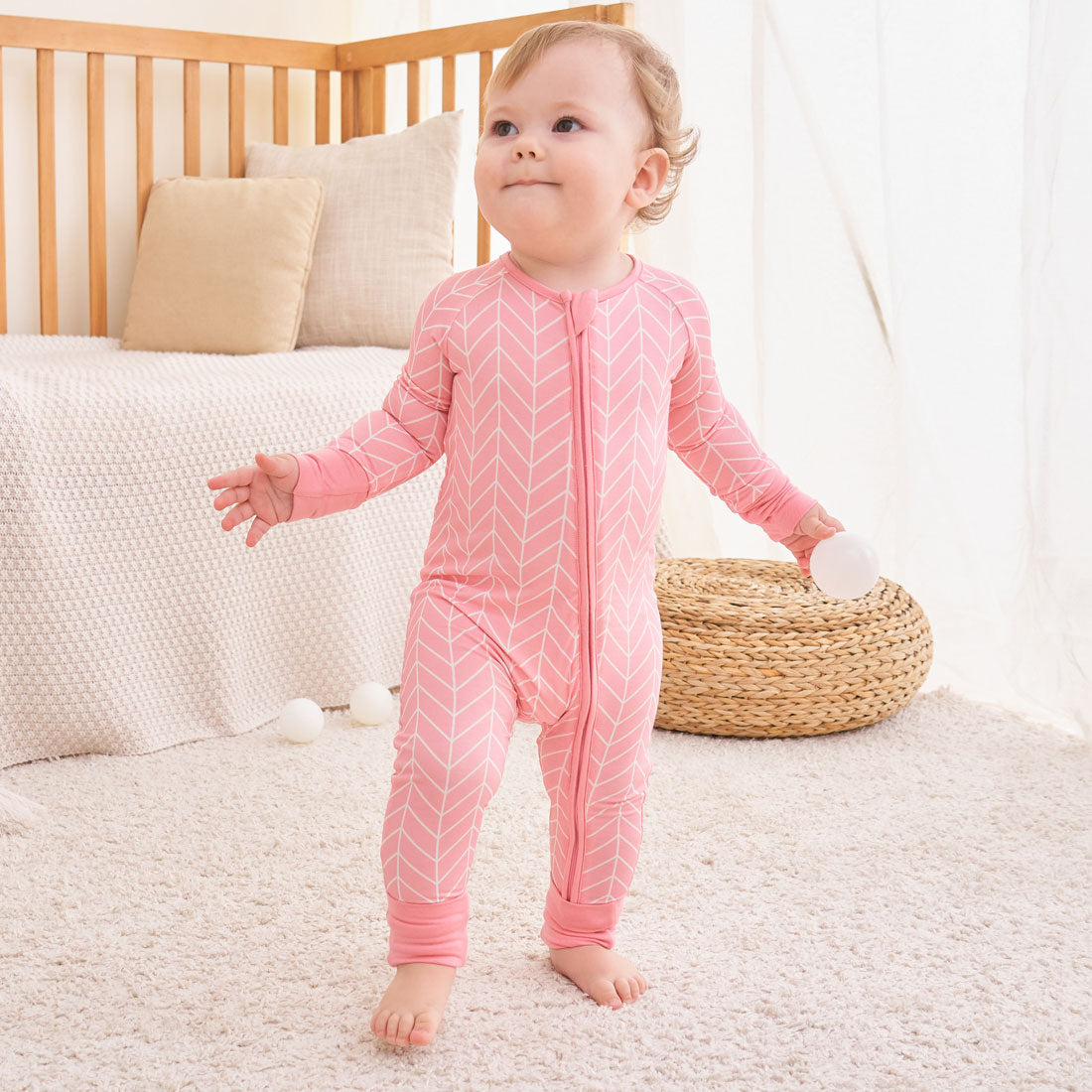Zip Romper Pajamas Pink Herringbone
