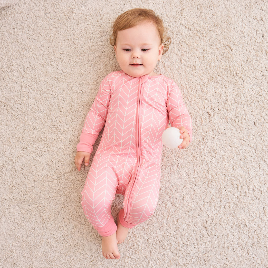 Zip Romper Pajamas Pink Herringbone
