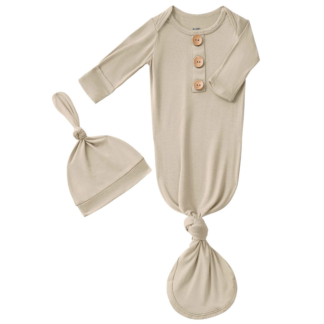 Bamboo Newborn Baby Knotted Gown and Hat Set Beige