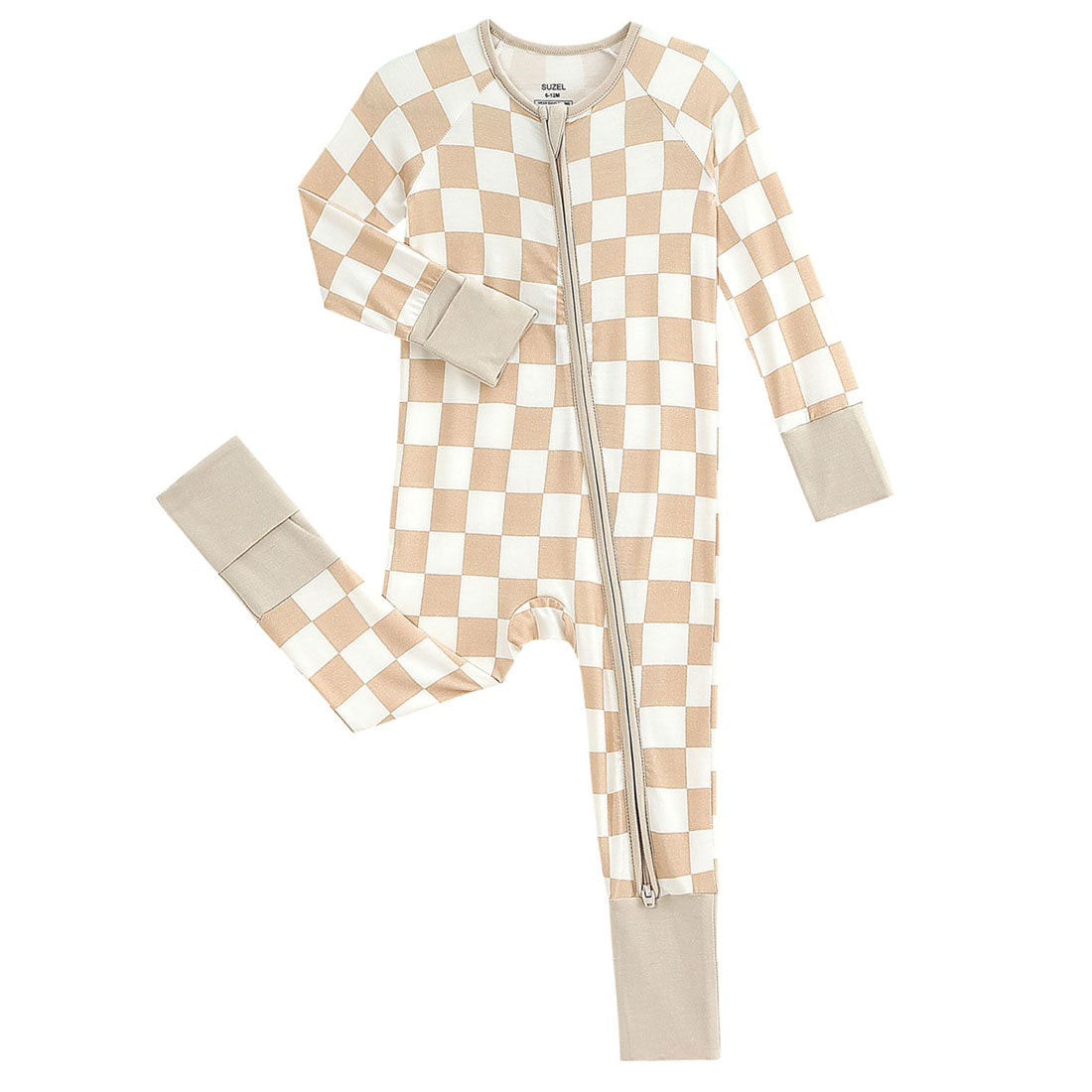 Zip Romper Pajamas Beige Checkerboard
