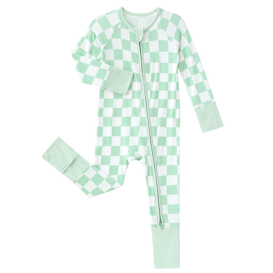Zip Romper Pajamas Sage Green Checkerboard