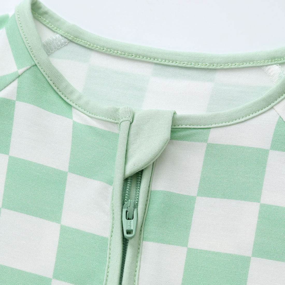 Zip Romper Pajamas Sage Green Checkerboard