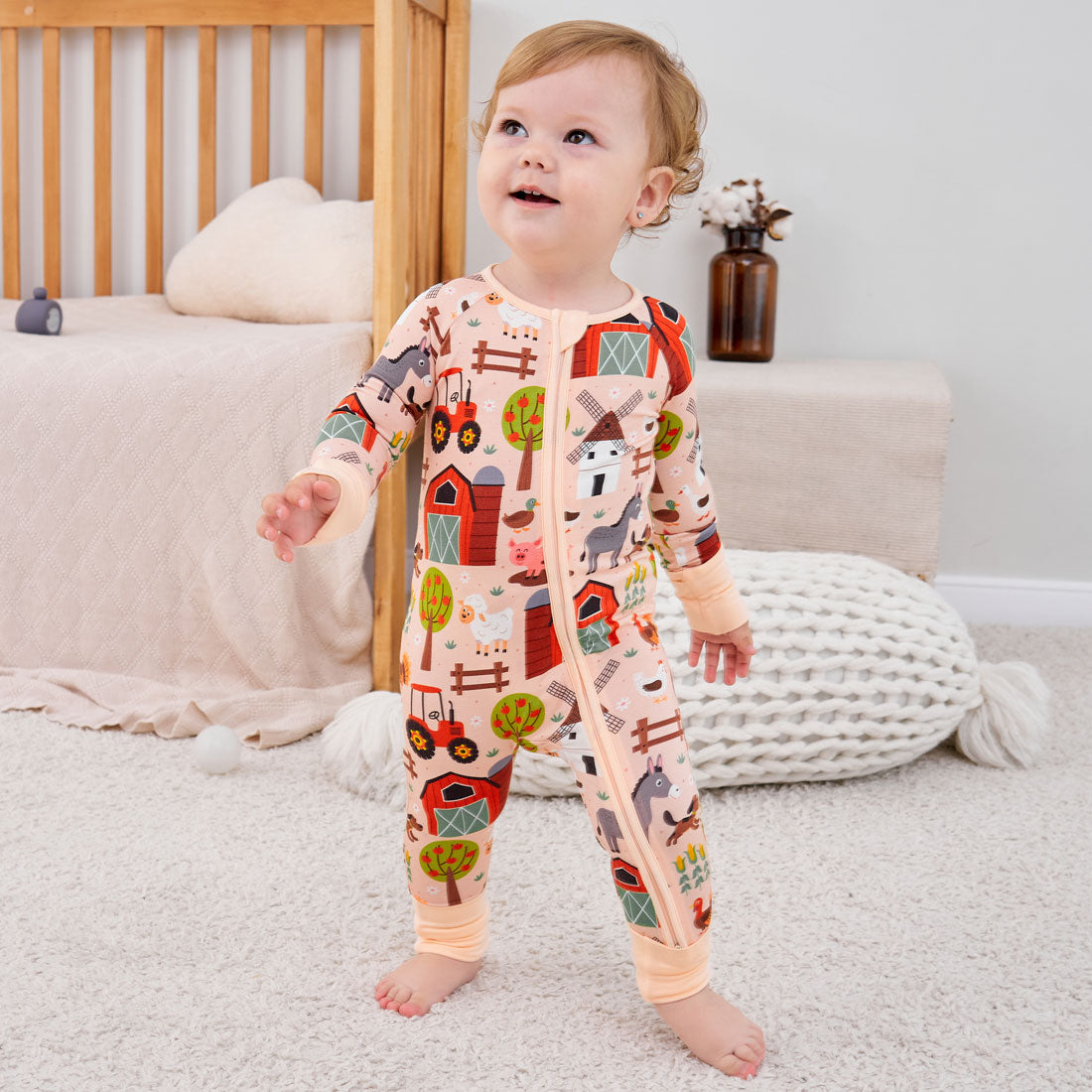 Zip Romper Pajamas Pink Farm Animal