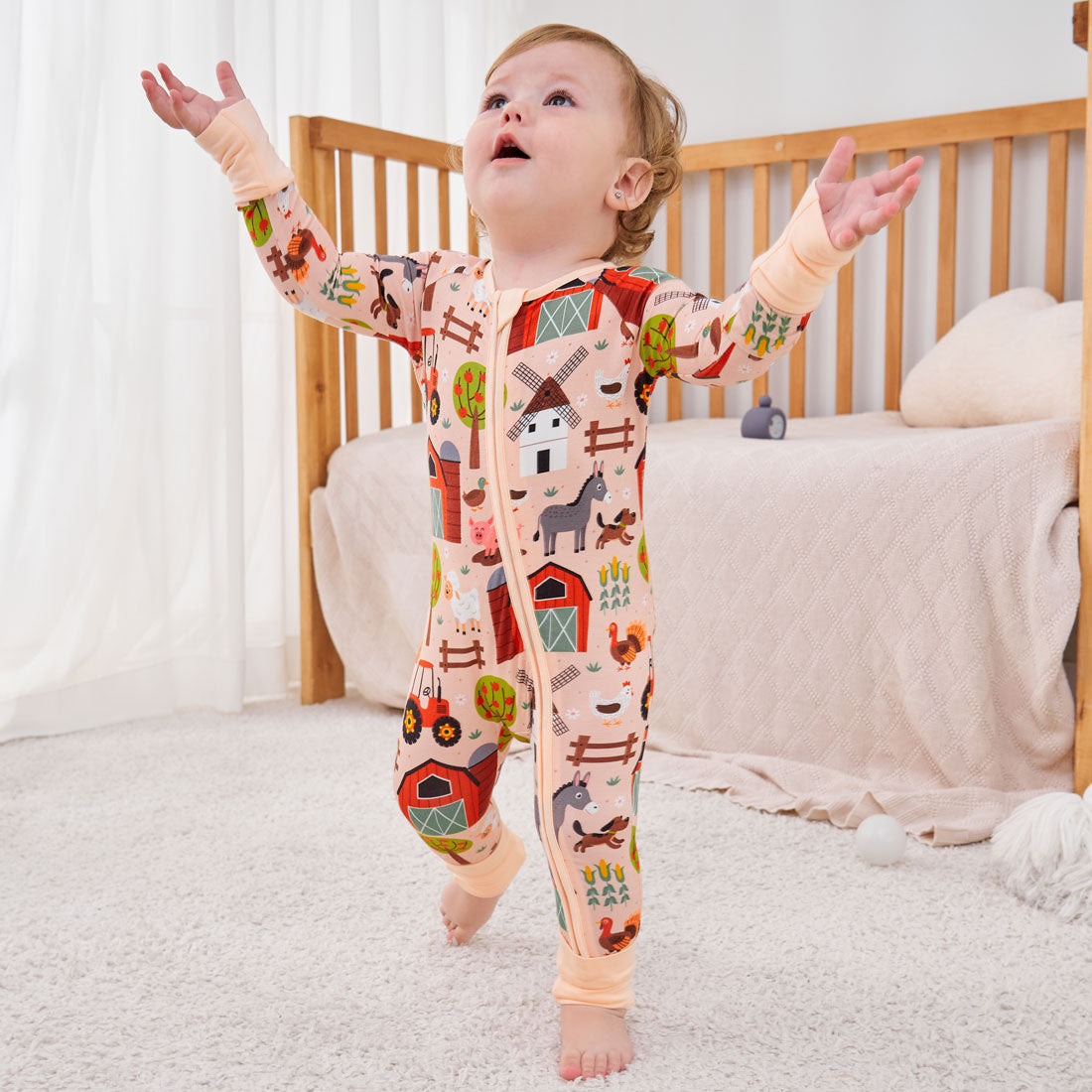 Zip Romper Pajamas Pink Farm Animal